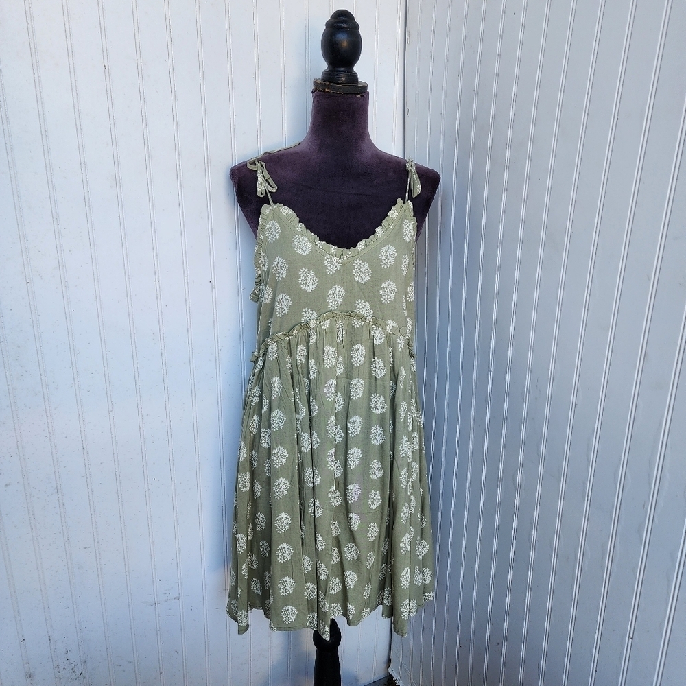 Patrons of Peace Dress Womens Green Boho Floral Rayon Tiered Flowy Summer Tie M